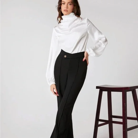 White Stand Mock Neck Satin Blouse Top Sz S, M, L, & XL New - Picture 4 of 6